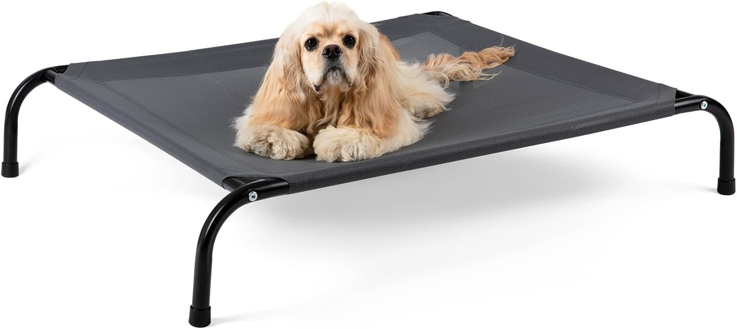 Cooling Elevated Dog Bed with Non-Slip Floor Protectors & Breathable Mesh, Raised Indoor & Outdoor Dog Cot Hammock, 41″ L x 26″ W x 8″ Th, Medium, Grey