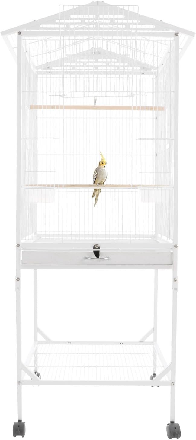Bird Cage with Stand 54 Inch Birdcages with Pull-Out Tray, Rolling Bird Cage Stand with Wheels for Parakeets, Parrot, Cockatiel, Pigeon, Finch Cage(White)