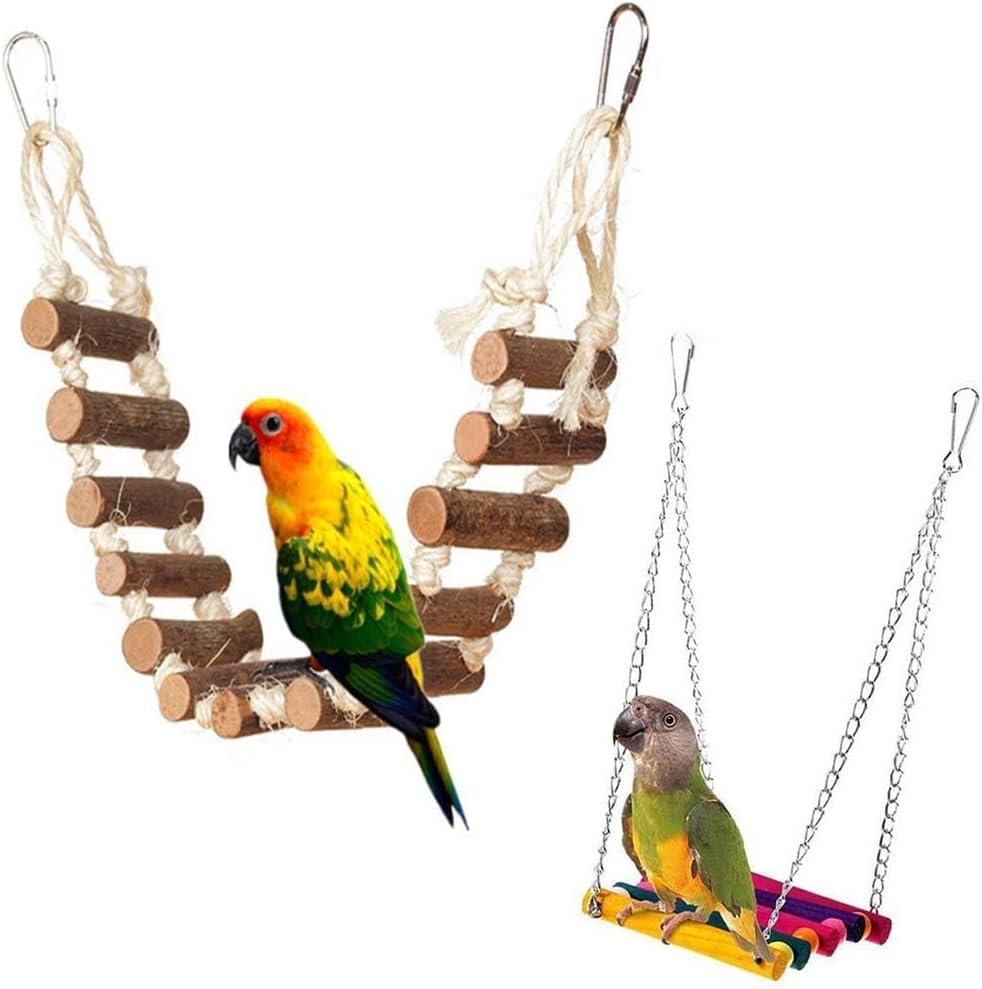 PINVNBY Bird Parakeet Toys, Bird Rope Ladder Swing Hammock Toys, Made of Natural Wood and Rope, Parakeet Cage Accessories for Parrot Budgie Conure Cockatiel (2 PCS)