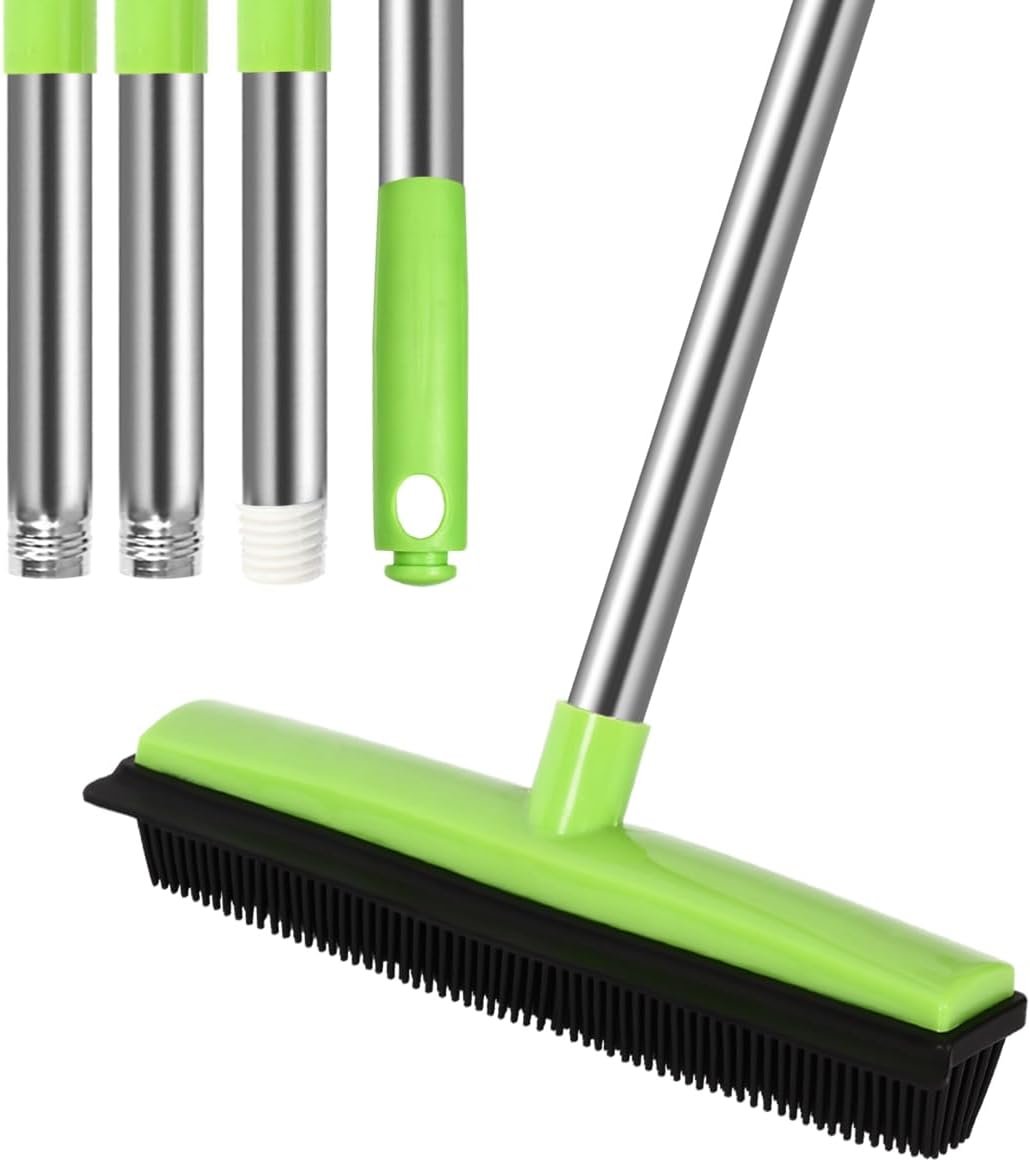 MEIBEI Pet Hair Removal Broom with Squeegee -53″, Long Handle Soft Bristle Rubber Broom, Ideal for Remove Fur from Carpets, Rugs, Hardwood and Linoleum