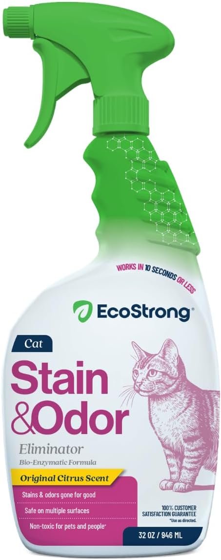 Eco Strong Cat Stain And Odor Remover | Enzyme Urine Odor Neutralizer – Stain Remover for Carpet, Litter Boxes, Bedding, and Laundry [Citrus Scent, 32 oz. Spray]