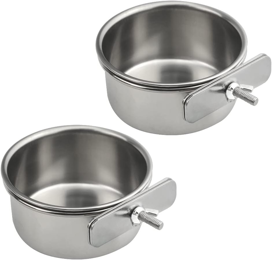 2Pack Bird Feeding Dish Cups Stainless Steel Parrot Feeders Water Cage Bowls with Clamp Holder for Parakeet Conure Cockatiels Macaw Small Animal (10cm)