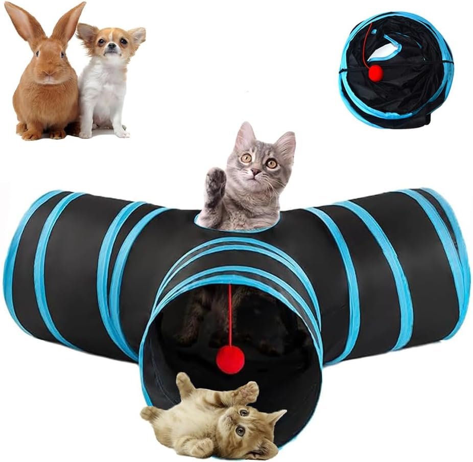 Cat Tunnel Tube Toy 3-Way Collapsible (Black Blue)