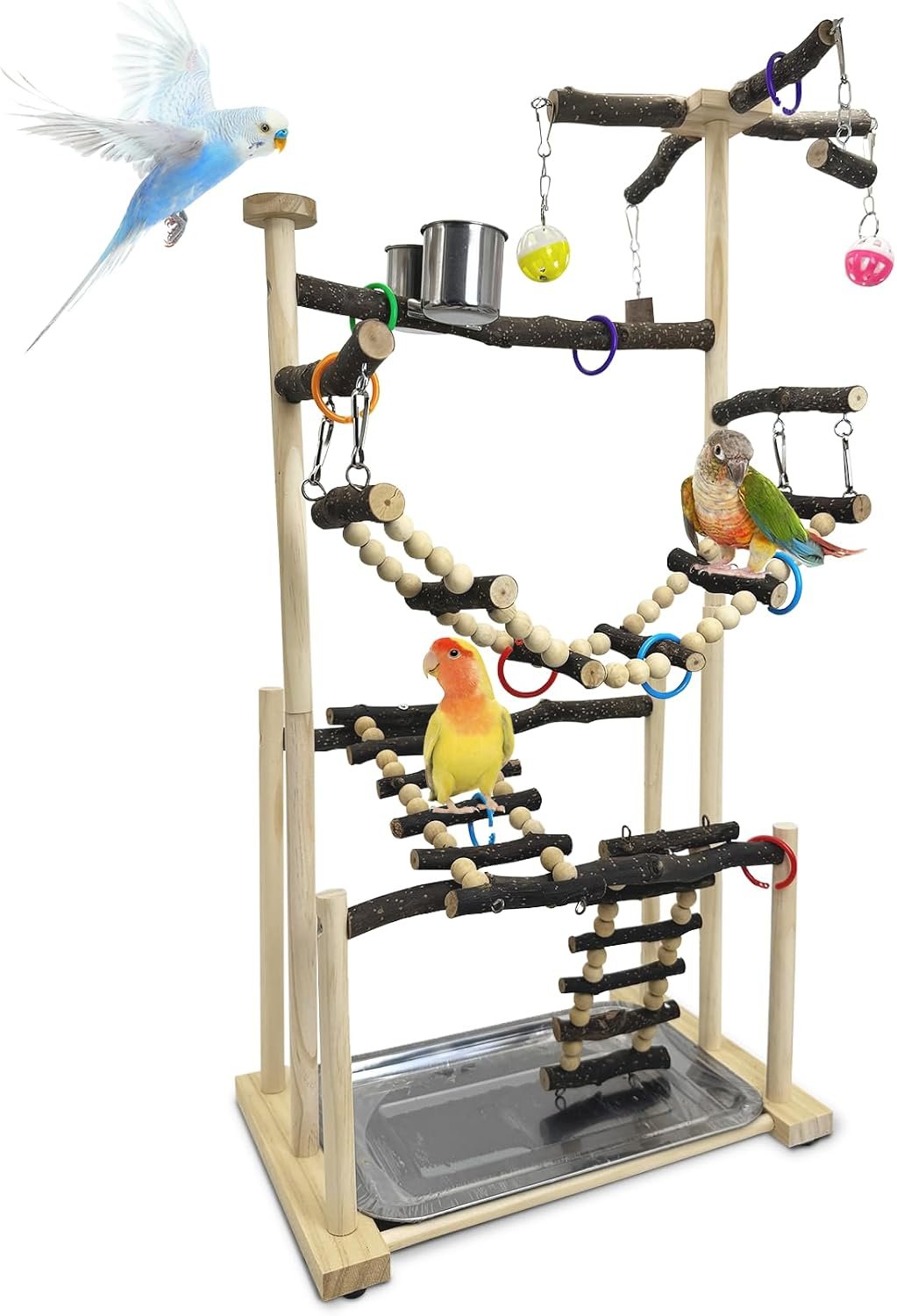 kathson Large Bird Playground – Natural Wood Perch Gym 4 Layers Parrot Playstand Activity Center with Perches Ladder Chew Toys Removable Tray and 2 Stainless Steel Cups for Small and Middle Birds
