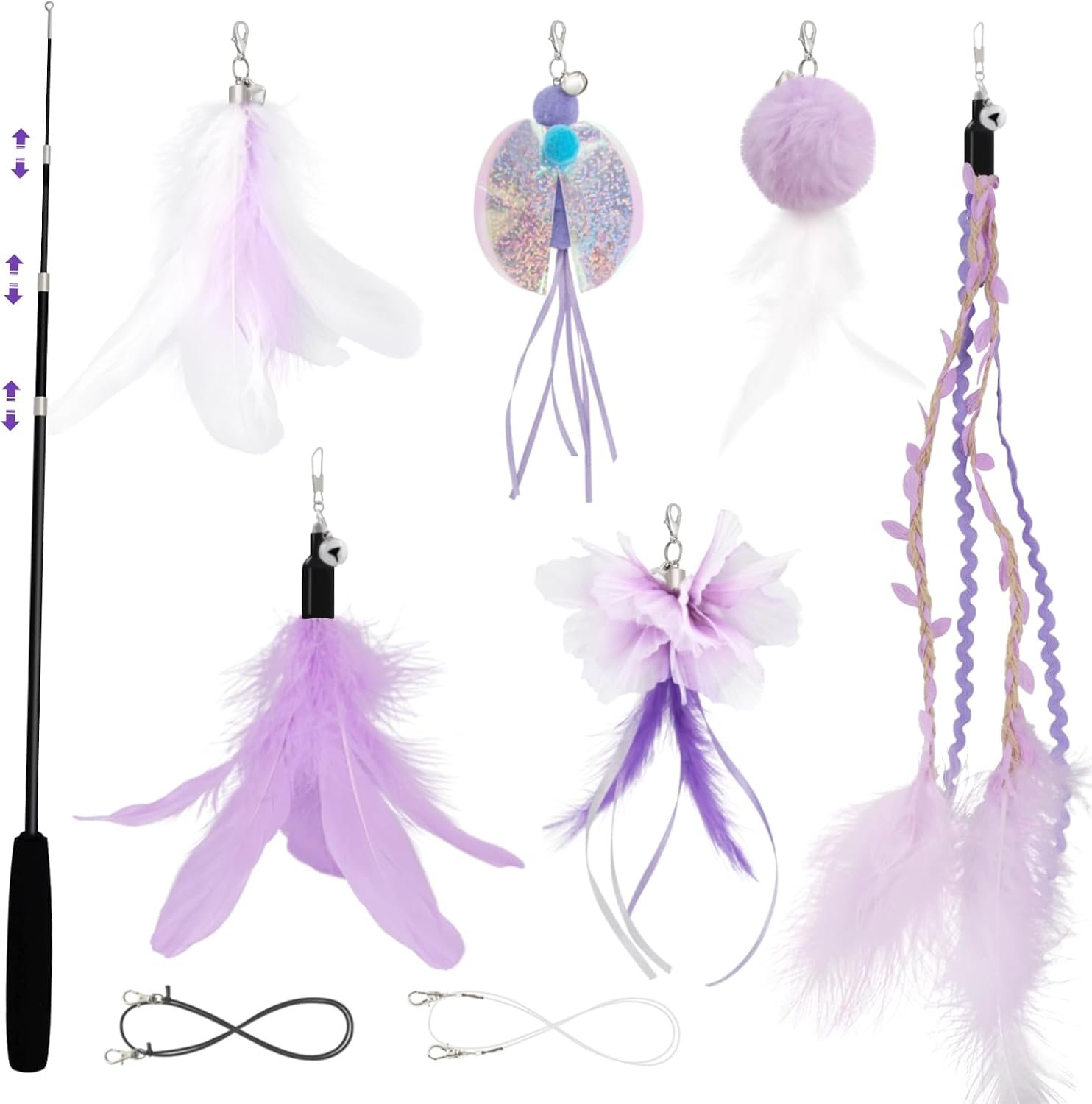 SONGWAY Cat Wand Toys for Indoor Cats – Cat Toy Set with Retractable Teaser Wand and 6 PCS Fairy Feather Toy Refills, Dragonfly Tassel Plush Cat Toys Interactive, Purple
