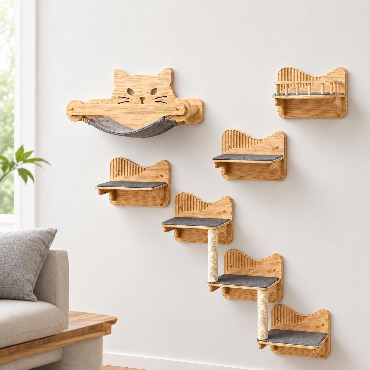 Cat Shelves for Wall – Cat Climbing Shelves Furniture Set with Steps, Scratching Posts and Cat Hammock – Solid Pine Wood – Wall Mounted Playground for Cats with Soft Washable Carpet Pads