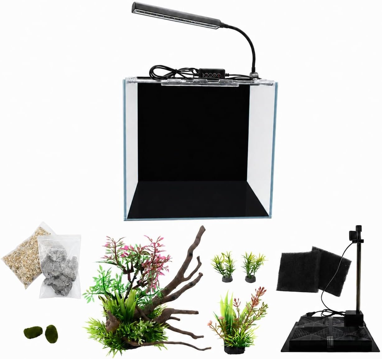 Rimless Glass Betta Fish Tank Starter Kit, 3.85 Gallon Small Aquarium with LED Light, Quiet Bottom Filtration, Artificial Driftwood, Natural Stones & Sand — Ready-to-Use Desktop Eco Kit
