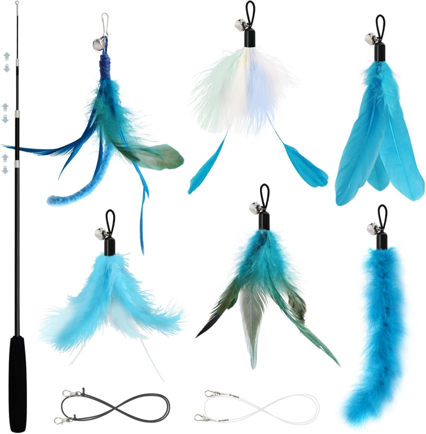 SONGWAY Cat Wand Toys for Indoor Cats – Cat Toy Set with Retractable Teaser Wand and 6 PCS Fairy Feather Toy Refills, Dragonfly Tassel Plush Cat Toys Interactive, Blue