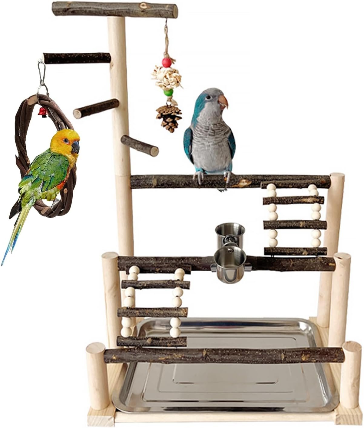 Bird Playground,Parrots Wooden Playstand with Removable Tray & Feeding Cups,Natural Wooden Parrot Stand Suitable for Small and Medium Birds,Bird Perch Ideal for Parakeets,Budgerigars,Canaries,Conures