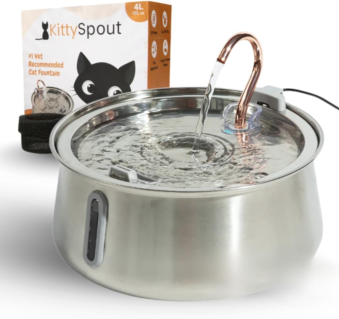 KittySpout Stainless Steel Cat Water Fountain Automatic Drinking Fountain, Quiet Circulating Water Bowl, Dishwasher Safe, Indoor Pet Fountain for Hydrated Healthy Cats (Stainless Steel, 4L Corded)