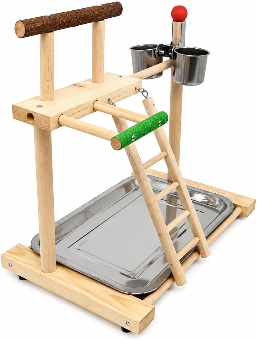 Wooden Bird Playground with Tray, Ladders, Perches and Feeding Cups, Tabletop Parrot Playstand for Small Medium Birds, Parakeets, Cockatiels, Conures and Lovebirds