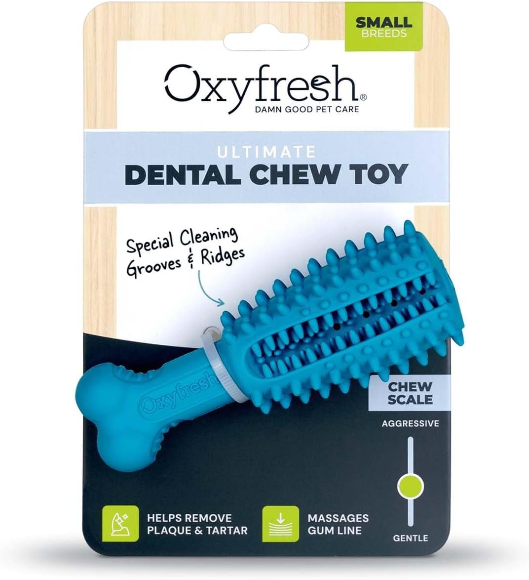 Oxyfresh Dog Dental Chew Toy – Best Dog Teeth Cleaning Toy – A Simple Bite and Brush Toy that Helps Remove Plaque, Cleans Teeth & Freshens Breath Without Brushing – Small
