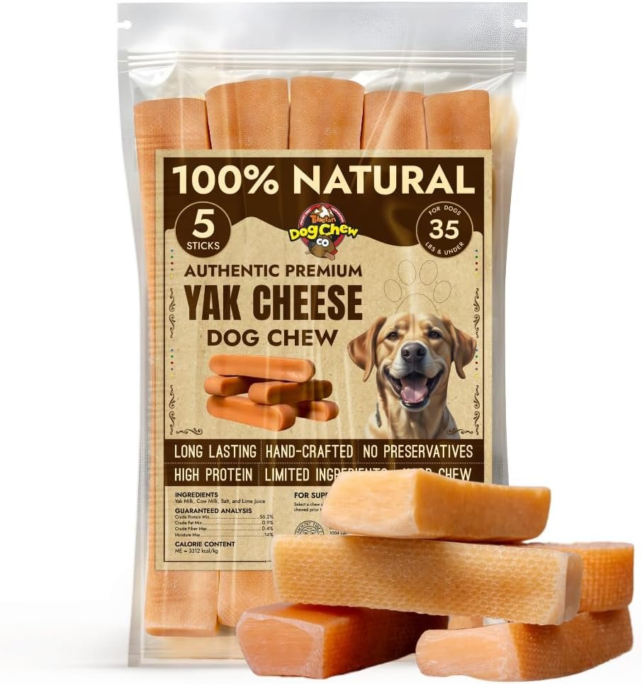 Tibetan Dog Chew Yak Cheese Sticks (5 Medium Chews) – Natural Handmade Treats for Medium Dogs, Long-Lasting, Easy to Digest with No Additives, Rawhide, Grains or Gluten, Perfect for Aggressive Chewers