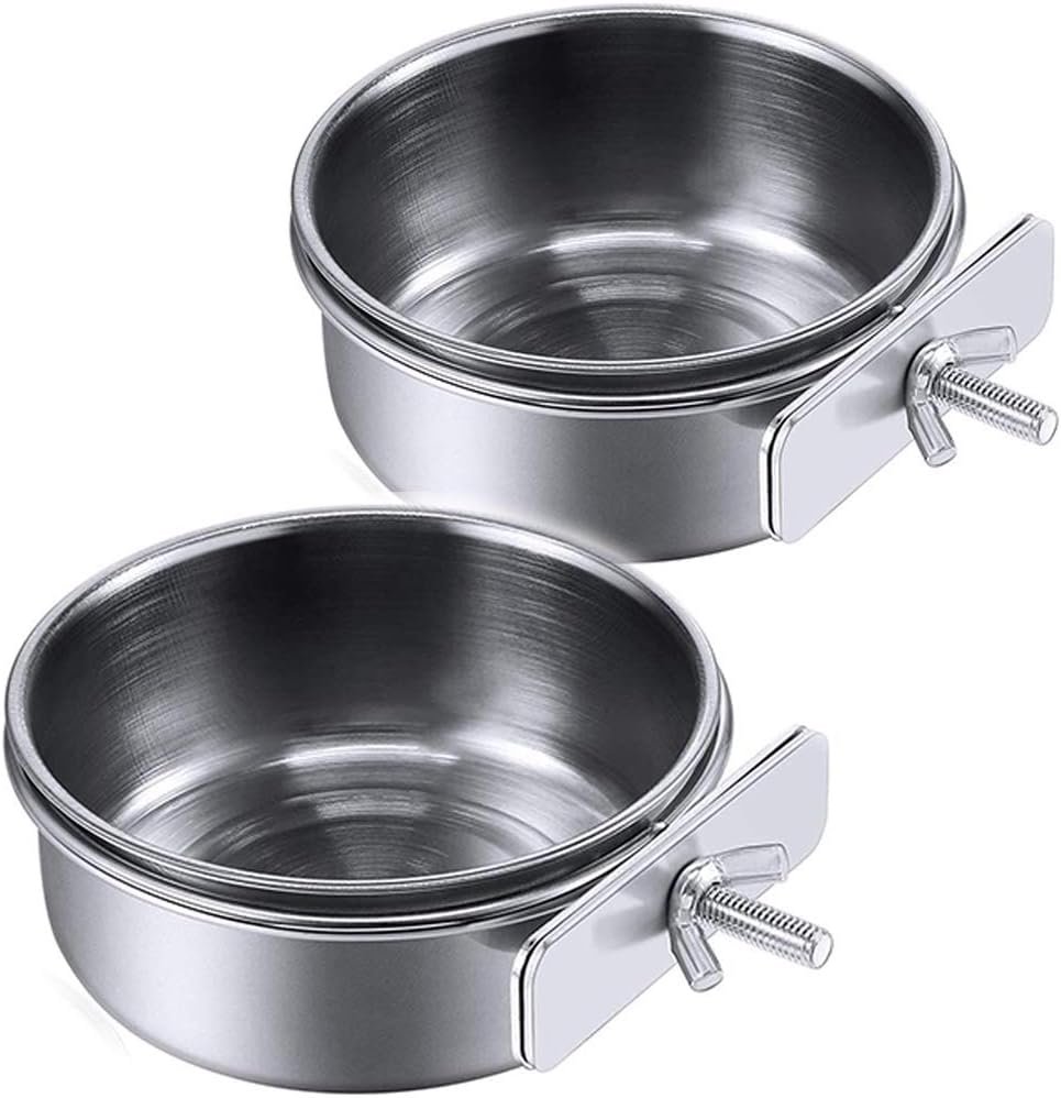 PINVNBY Parrot Feeding Cups Birds Food Dish Stainless Steel Parrot Feeders Water Cage Bowls with Clamp Holder for Cockatiel Conure Budgies Parakeet Parrot Macaw Small Animal Chinchilla Pack of 2