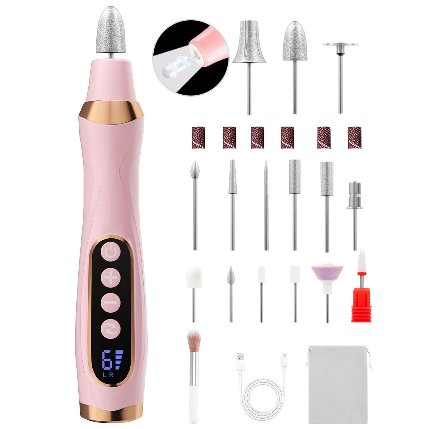 Cordless Nail Drill, Electric Nail File with 360° LED Light & 6 Speeds