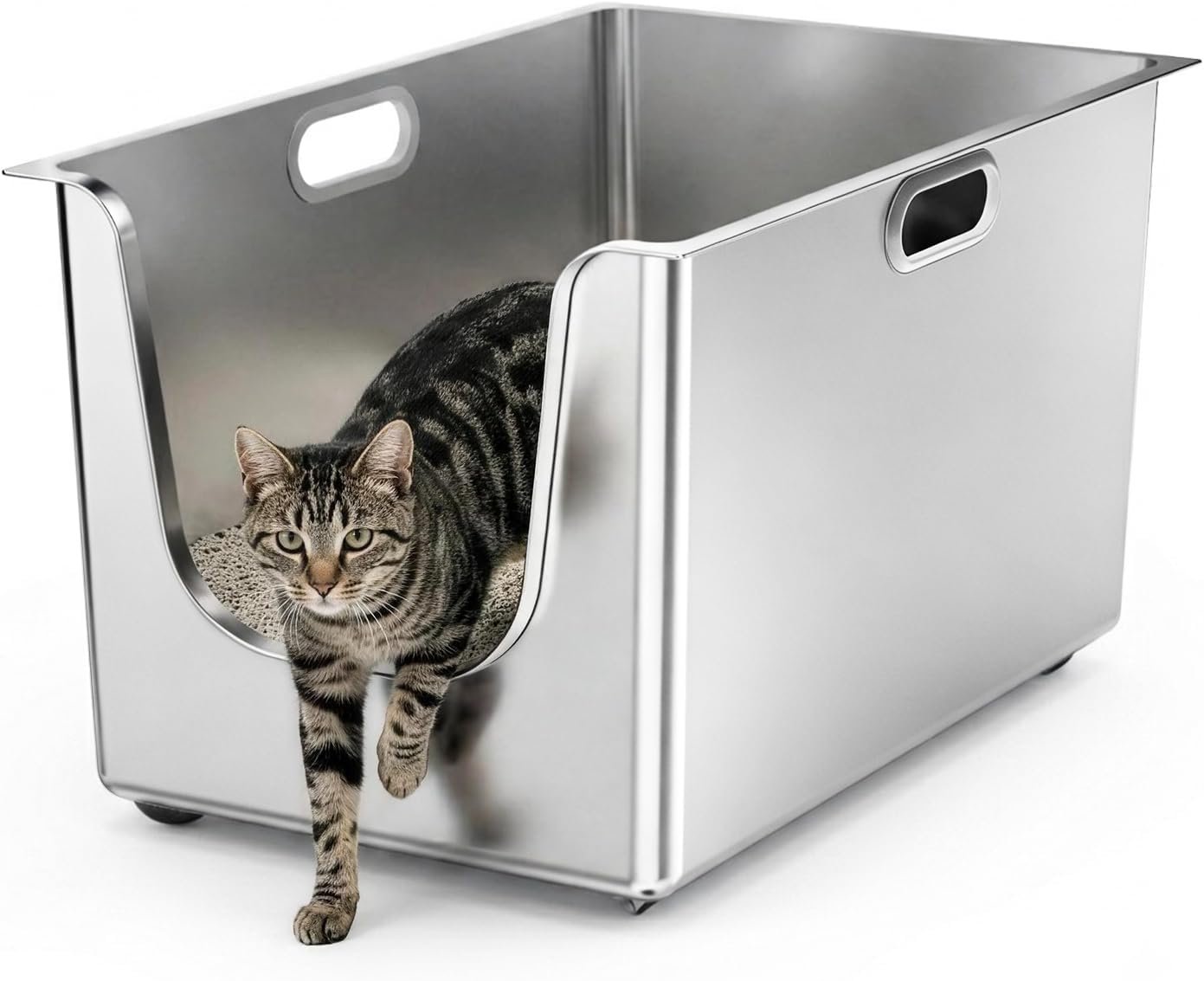 Stainless Steel Litter Box 11.8” High Sides, XL Metal Cat Litter Box with Curved Low Entry, Cat Litter Pan for Big & Multiple Cats, Pet Toliet with Handy Wheels for Easy Moving