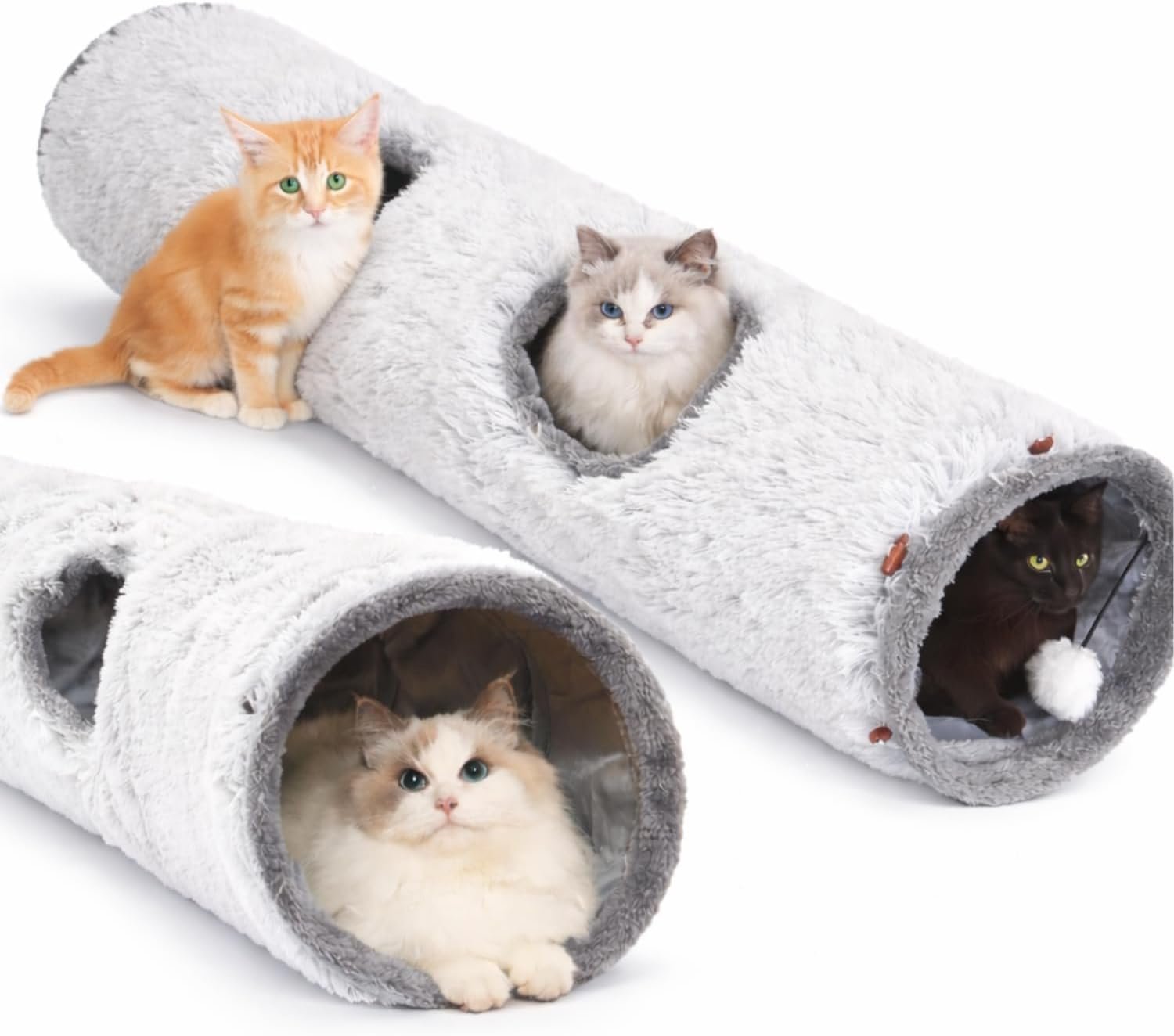 Cat Tunnels for Indoor Cats – Cat Crinkle Tunnel – Collapsible Long Plush– Cat Tube Cute Cozy Pet Play for Hours of Fun (47″ / Pearl Gray)