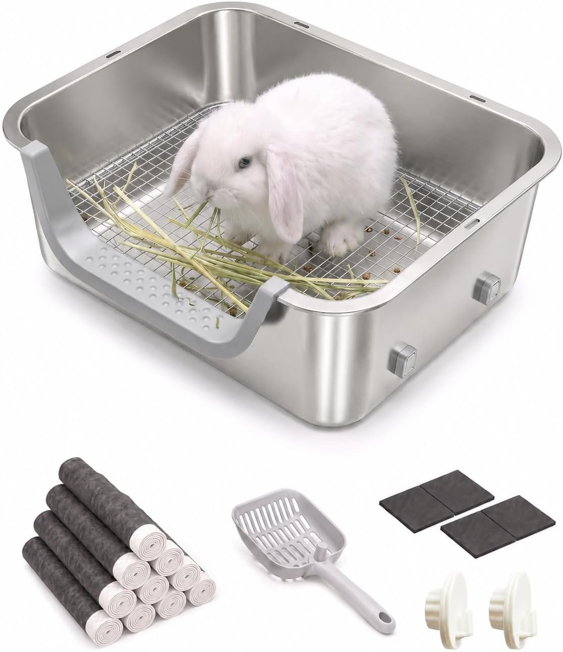 Rabbit Litter Box, 15.75″ Large Stainless Steel Bunny Pan, Low Entry Corner