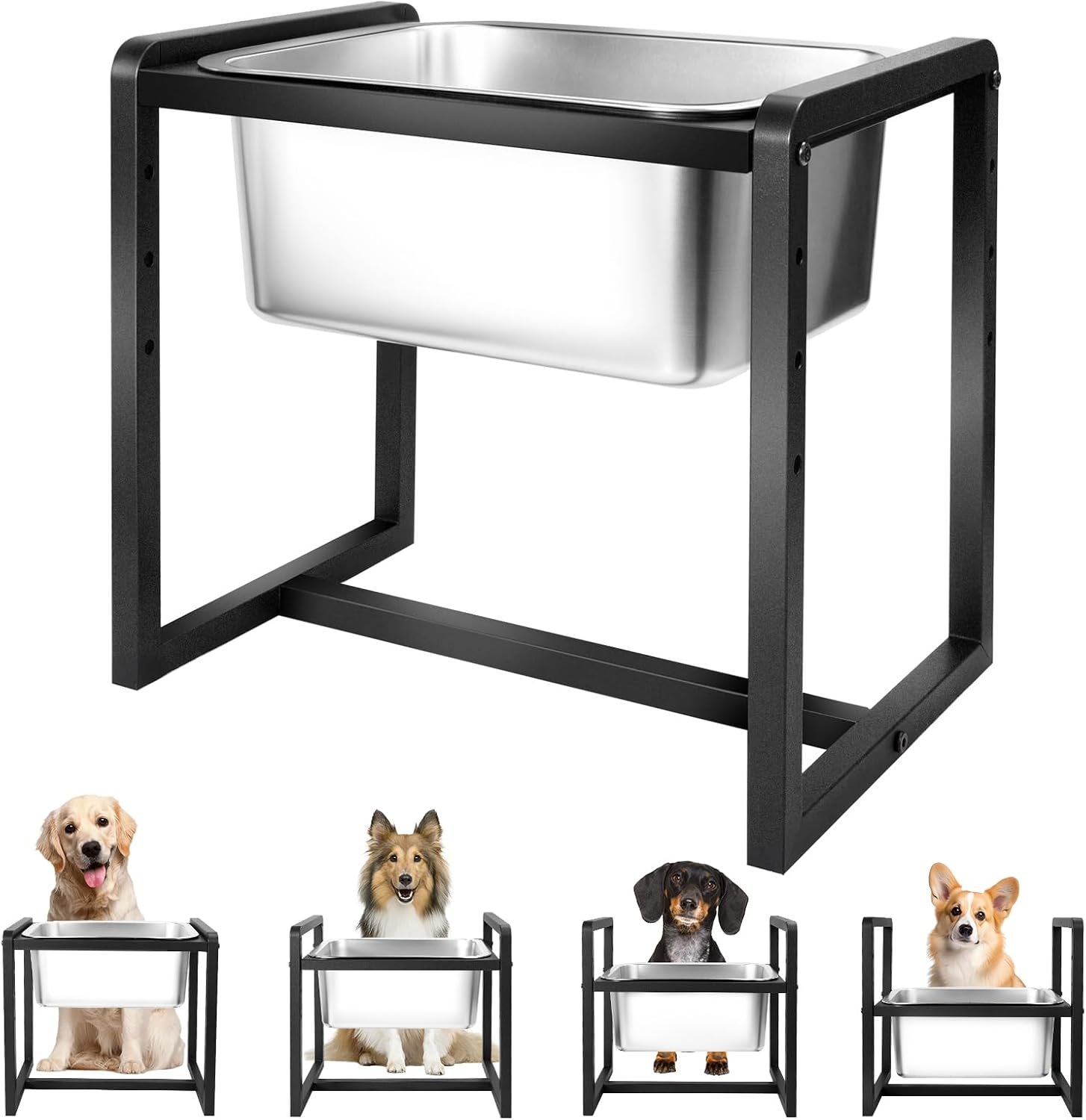 Adjustable Height Elevated Large Dog Water Bowls with Stainless Steel Bowls and Metal Stand，4-Level (8/10/12/14 Inches) Pet Bowl for Dogs for Large Medium Dogs – Durable, Easy to Clean (2gallon)