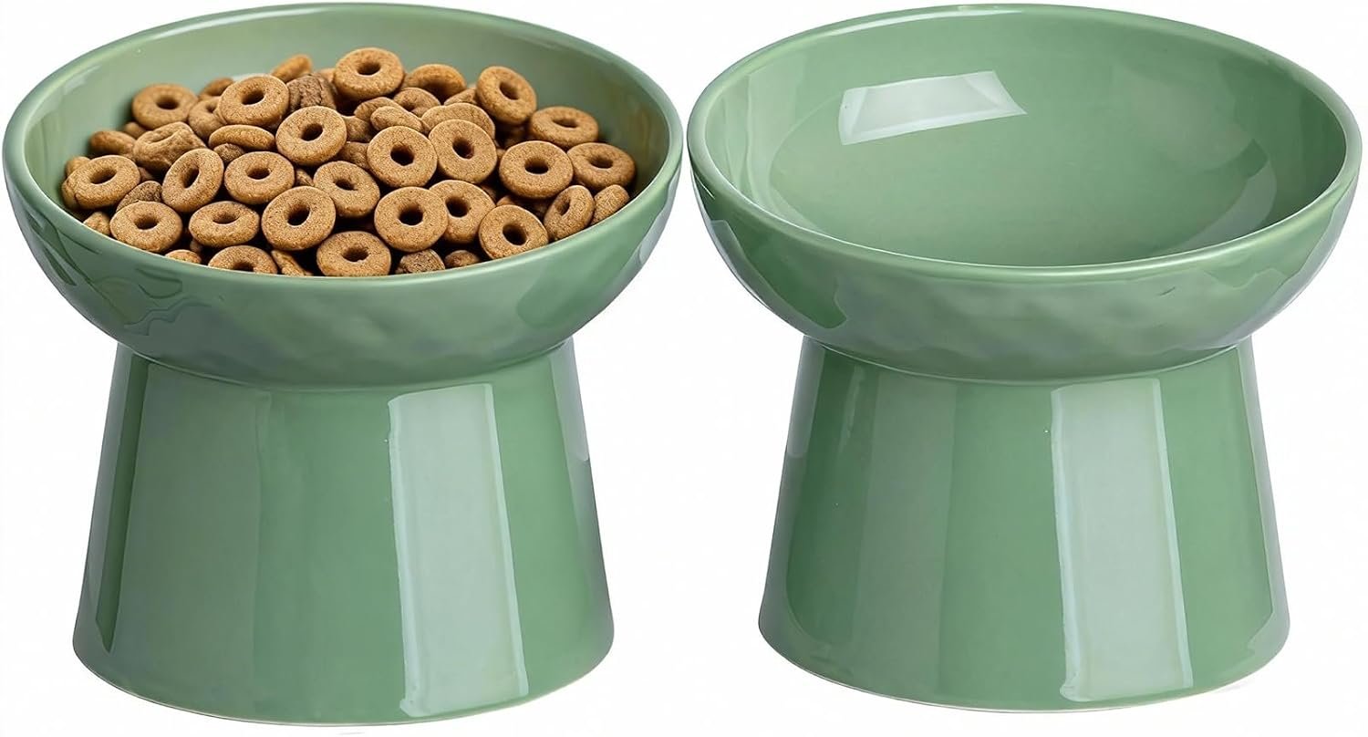 YauYik Raised Cat Bowl, Elevated Cat Food Bowls with Tilted Angle, Stress Free, Anti Vomiting, Ceramic Water Bowl for Cats Small Dogs Feeding Dish, 8 Ounces (Green-2