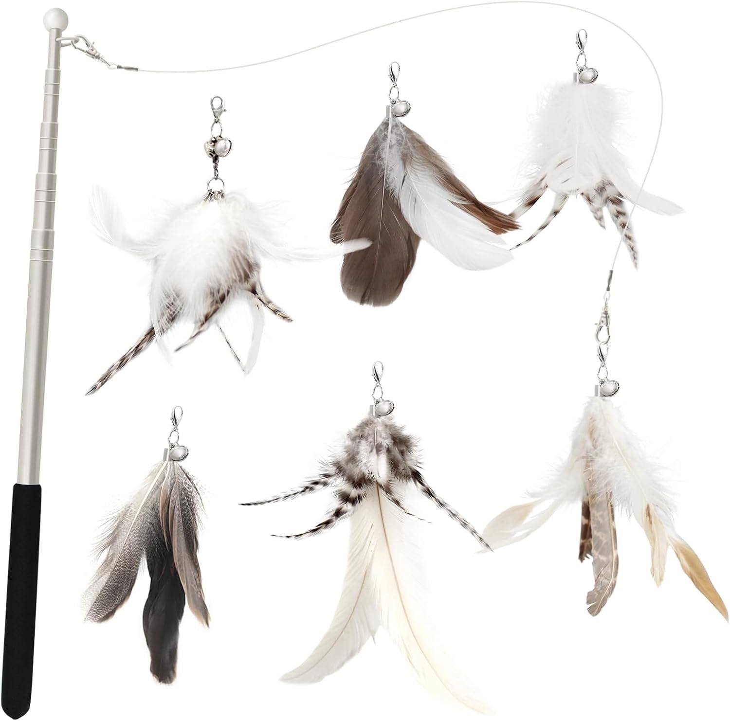 SONGWAY Cat Feather Wand – 7 Pcs Interactive Toys for Indoor Kitten, Retractable Wand With 6 Natural Feather Refills and Bell, Fishing Pole Toy