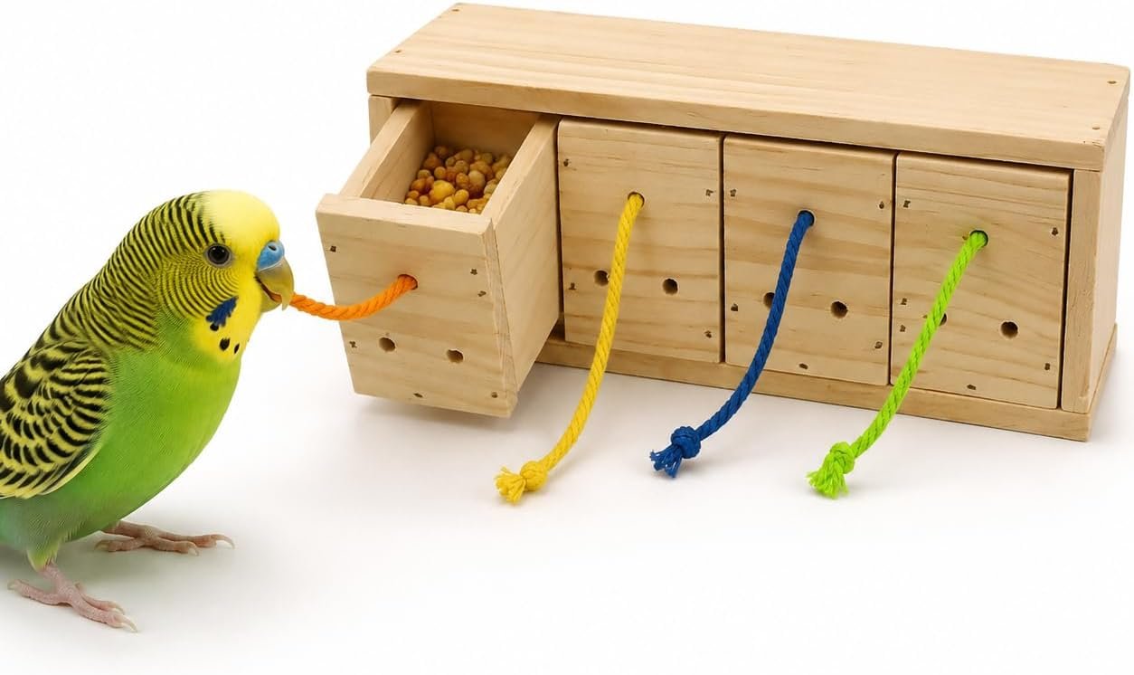 Bird Foraging Toys, Wooden Bird Foraging Box with 4 Compartments, Interactive Parrot Puzzle Toy for Treat Dispensing and Natural Enrichment, Parakeet, Cockatiel, Lovebird and Conure Cage Accessories