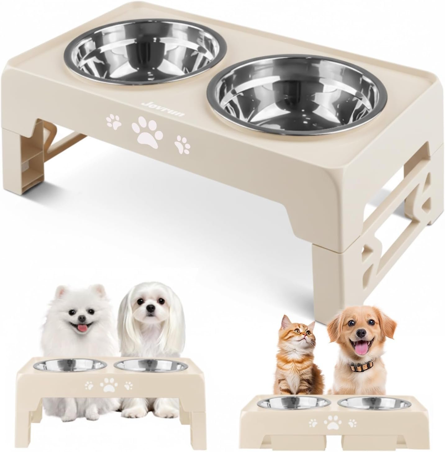 Jovrun Elevated Dog Bowls for Small Dogs and Cats, Non-Slip Cat Bowls with 2 Thick 5.5″ Stainless Steel Dishes, Dog Feeder 2 Heights Adjustable to 2.6″-5.3″