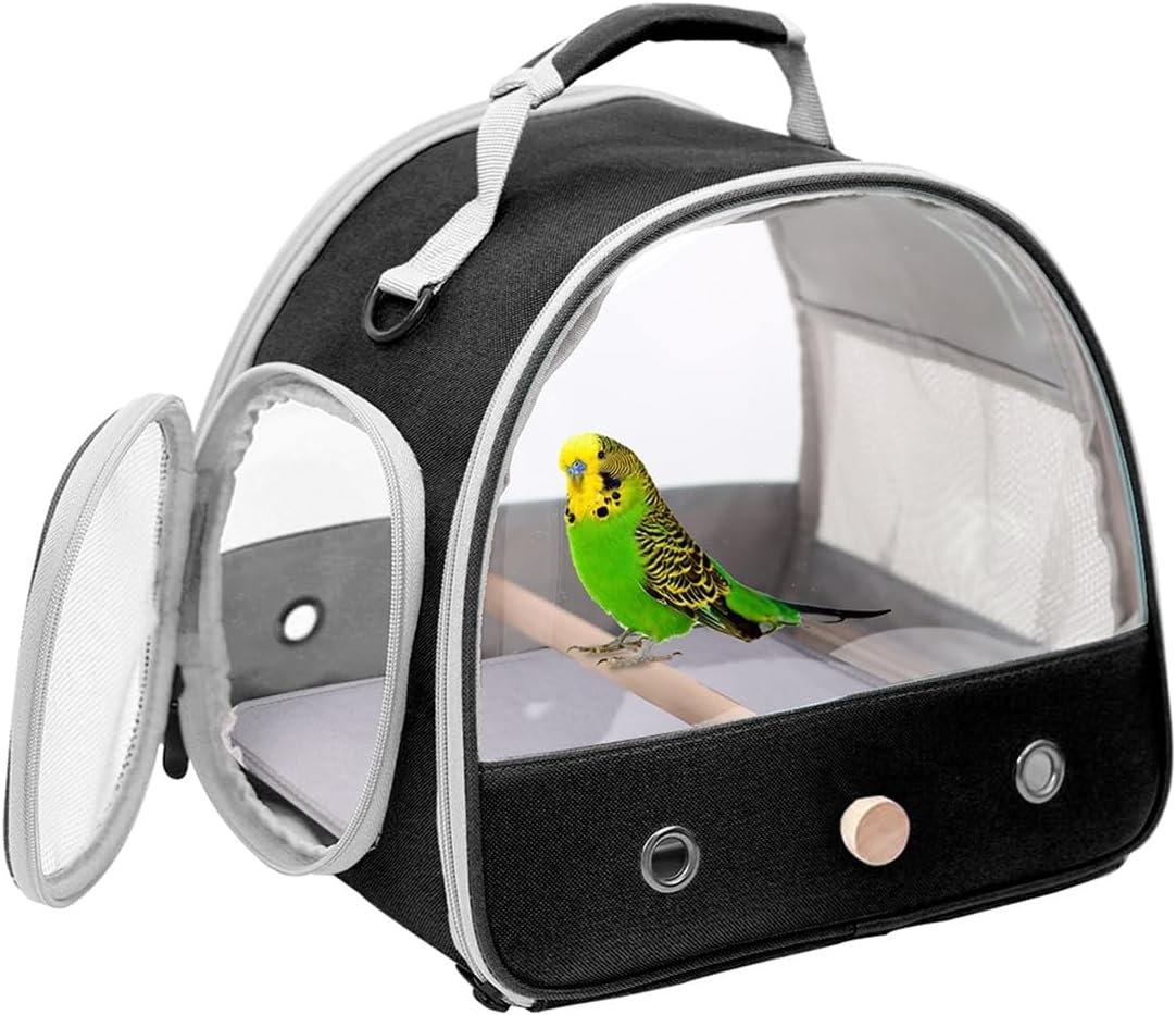 Bird Travel Carrier, Portable Small Bird Parrot Parakeet Carrier with Standing Perch and Mat, Side Access Window Collapsible (Black, Clear Windows)