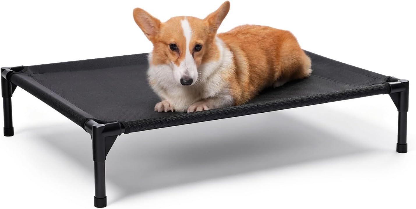 Garnpet Elevated Dog Bed for Medium Dogs, Raised Dog Cot, Heavy Duty Pet Cots with Durable Supportive Teslin Recyclable Washable Mesh, Indoor & Outdoor, Dark Grey, 32″ L x 25″ W x 7″ Th