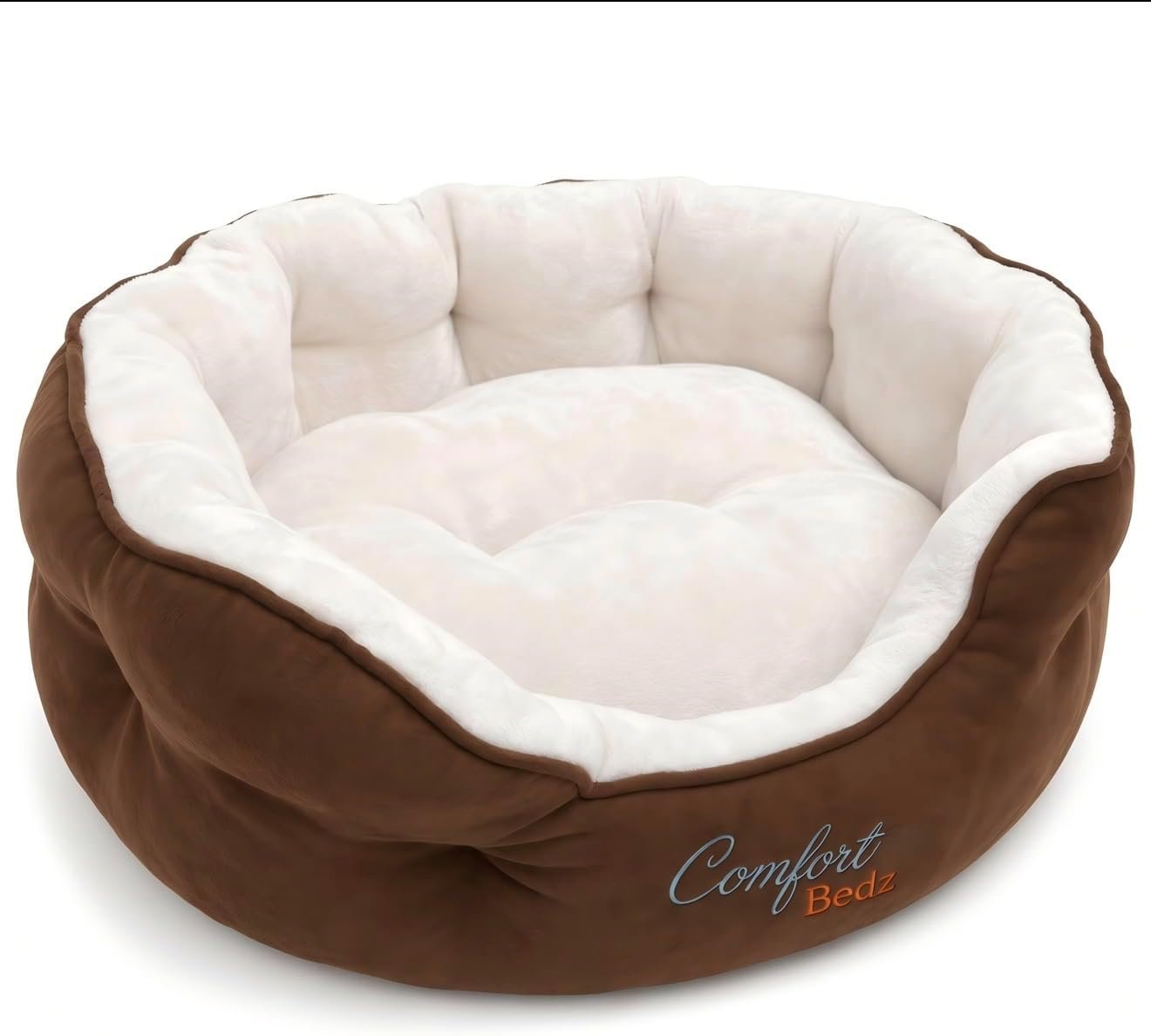 Calming Donut Dog Bed for Small Dogs, Ultra Soft Plush, Raised Bolster Sides, Brown and Cream 65 cm