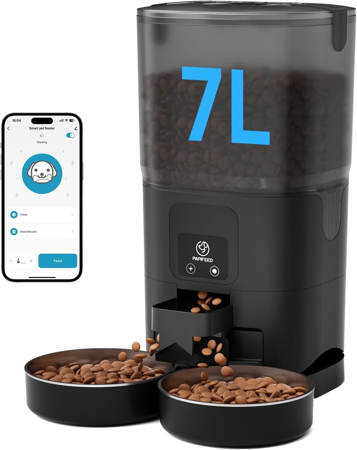 PAPIFEED Automatic Cat Feeder 2 Cats, WiFi Auto Cat Feeder with App, 7L Slow-Feed Cat Food Dispenser for Dry Food, Dual Power Supply Timed Pet Feeder for Cat, 10 Meals/Day, 12 Portions/Meal