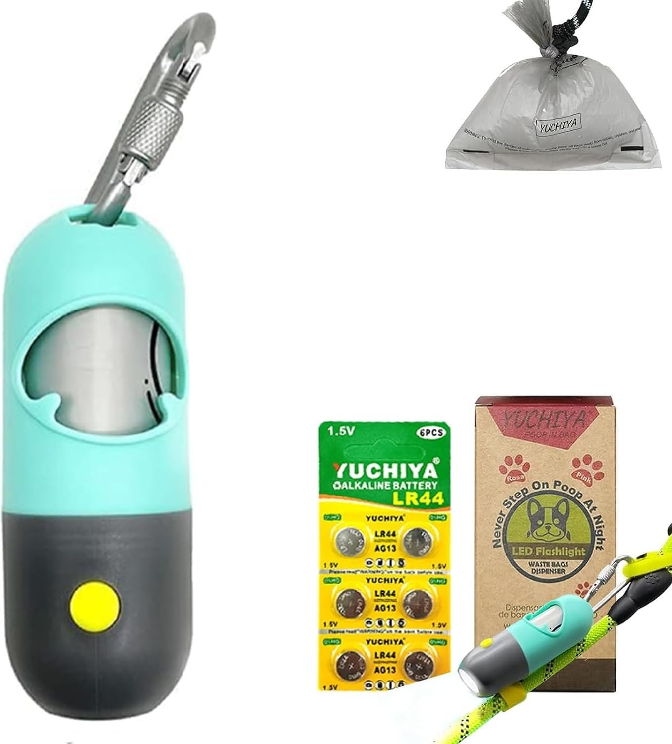 Dog Poop Bags Holder with LED Flashlight|Pet Waste Bags Dispenser for Leash|Doggie Potty Bags Container with Leak-proof Pet Trash Bags and Accessories (1 Holder 15 Bags, Mint Green)