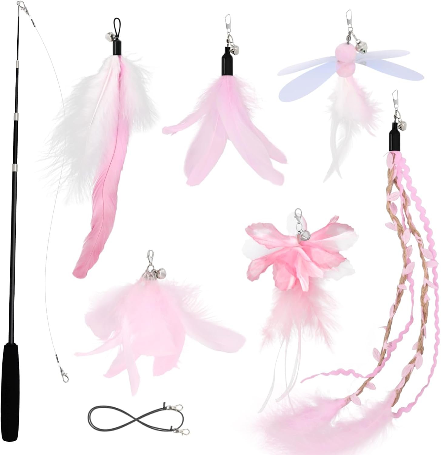 SONGWAY Cat Wand Toys for Indoor Cats – Cat Toy Set with Retractable Teaser Wand and 6 PCS Fairy Feather Toy Refills, Dragonfly Tassel Plush Cat Toys Interactive, Pink