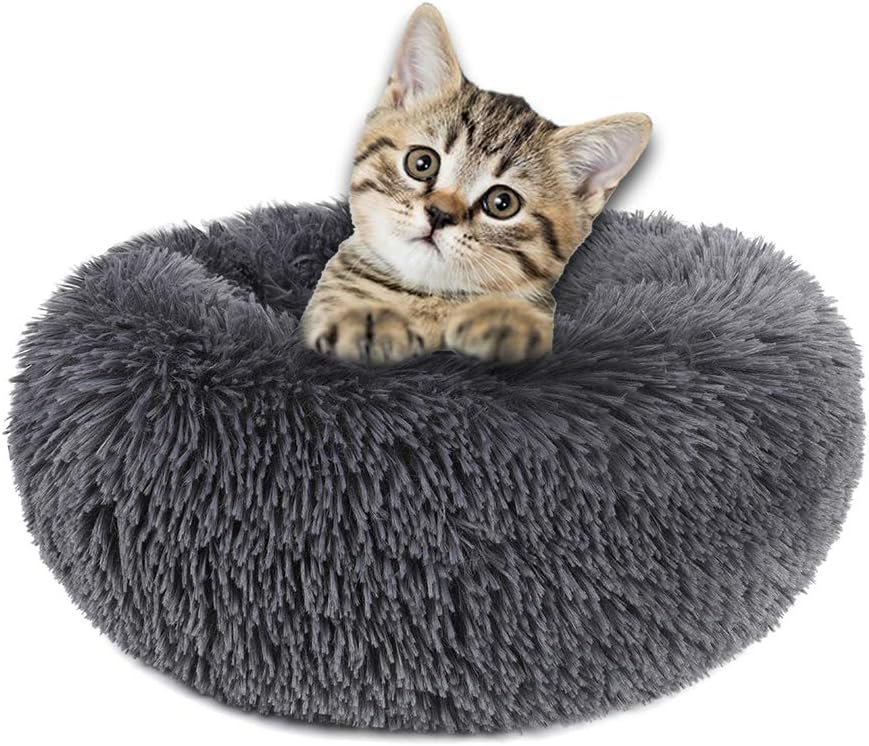 otoez Round Donut Dog Bed for Small Dogs, Washable Cat Calming Bed Cuddler Anti Anxiety Fluffy Plush Dog Cat Bed with Non-Slip Waterproof Bottom (23.6″, Dark Grey)