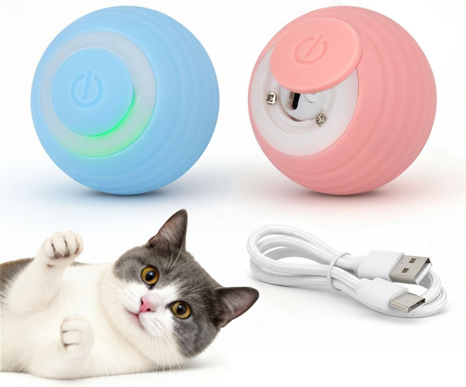 Interactive Cat Toy Ball Set, Indoor Mobile Cat Toy Ball with LED Light, Smart Pet Ball, Automatic Intelligent Rolling Ball Electric Chase Toy, USB Rechargeable – 2PACK