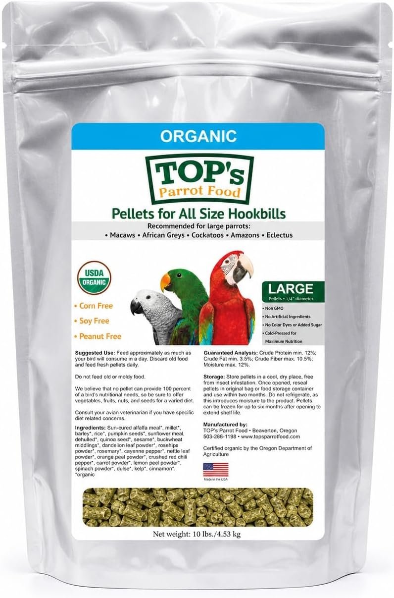 TOP’s Parrot Pellets 10 lb, USDA Organic Certified, Non-GMO Bird Food for Hookbills