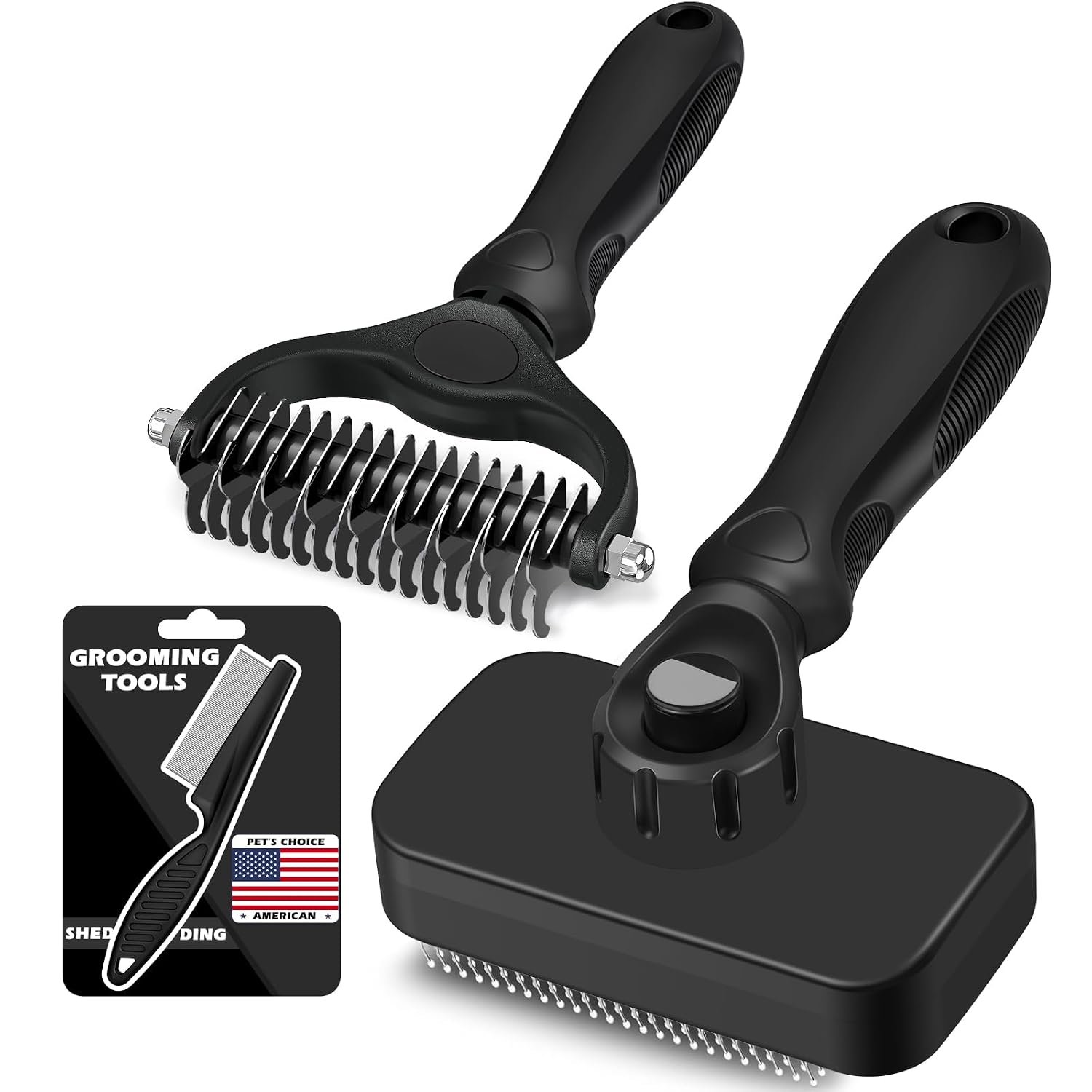 Professional 3PCS Self Cleaning Slicker Brush & Pet Grooming Rake & Flea Comb for Dogs,Cats and Horses | Double-Sided Dematting Comb & Skin Friendly Deshedding Grooming Tool | Pet Supplies