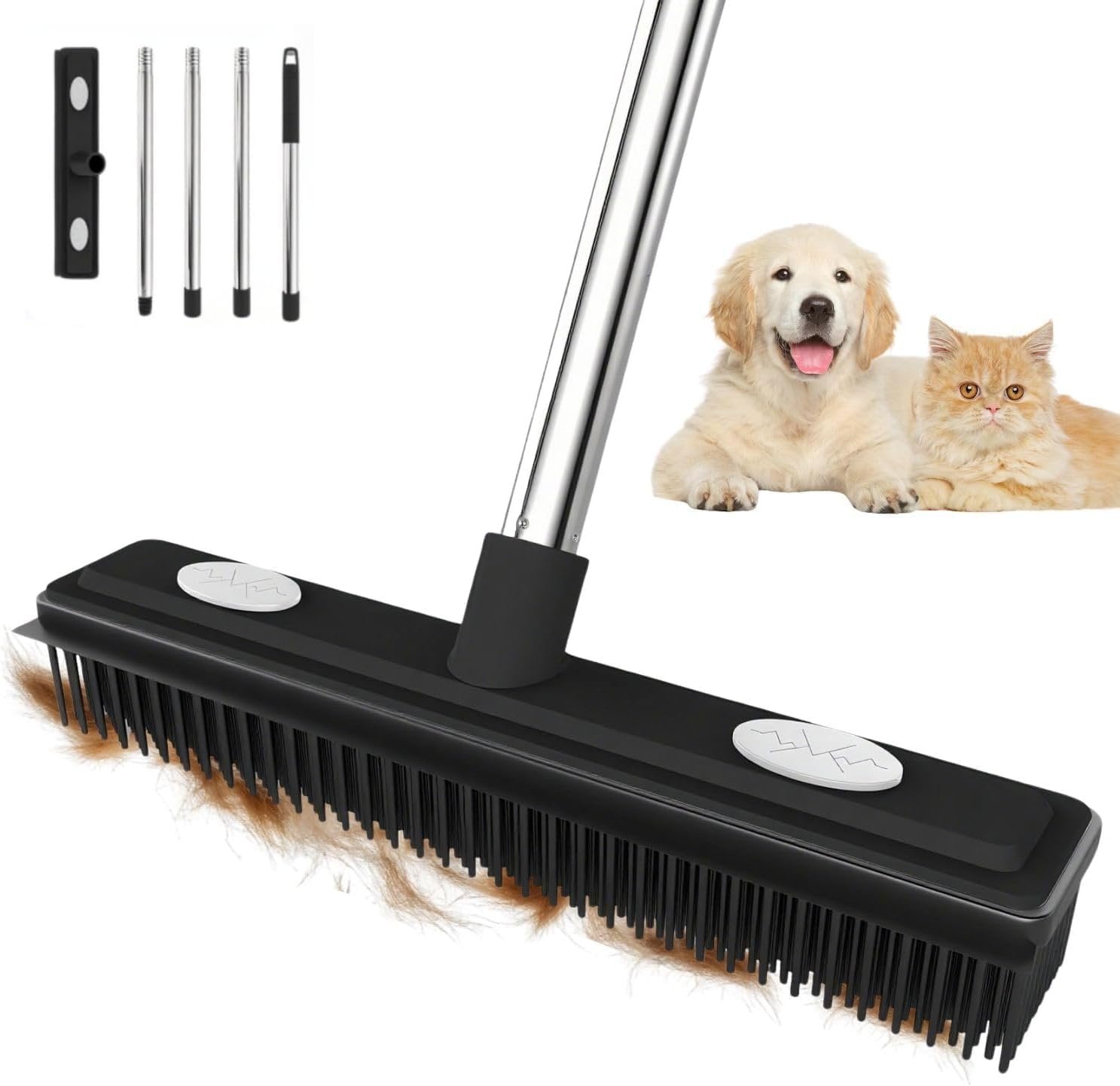 Pet Hair Remover Rubber Broom Carpet Rake Reusable with Squeegee
