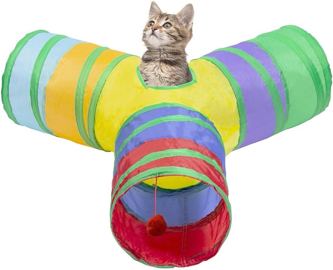 3 Way Cat Tunnel Collapsible Fun Pet Play Tube Toys for Cats, Kittens, Puppies & Rabbits – Portable Tunnel with Hanging Ball for Indoor Play, Hideout & Exercise