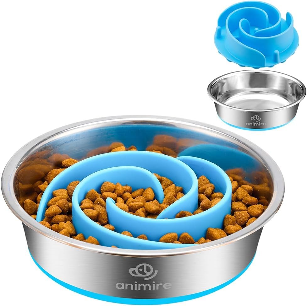 2-in-1 Metal Dog Bowl with Slow Feeder Insert, Stainless Steel Dog Bowls Food Grade 304, Water Food Bowl with Anti-Slip Silicone Base for Small, Medium, Large Dogs