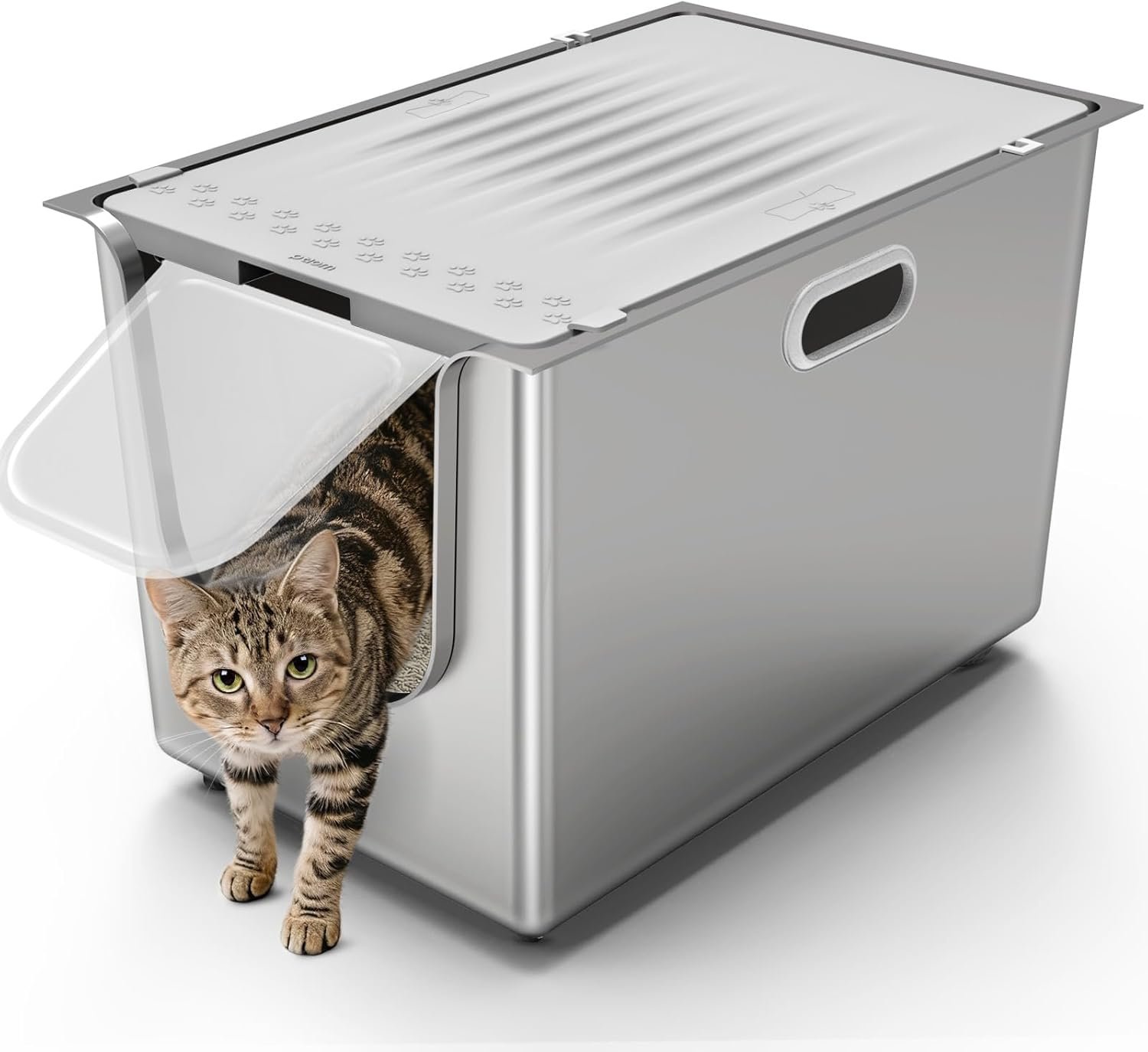 Stainless Steel Litter Box with Lid, Cat Litter Box with Door 14.5” High Sides, XL Metal Kitty Litter Pan, Pet Toilet with Wheels for Easy Mobility, Anti-Leakage, Non-Sticky, Easy Clean