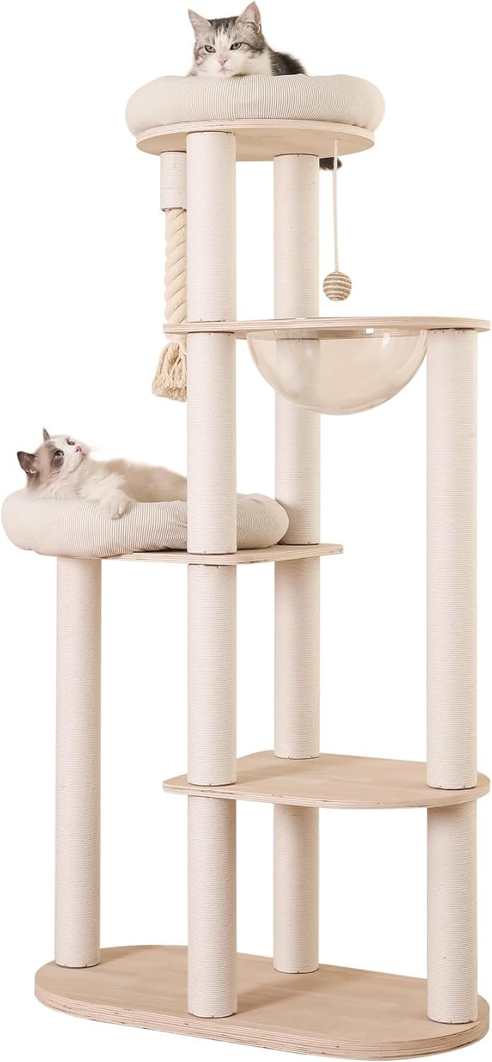 59″ Modern Cat Tree Multi-Level Large Cat Tower Heavy Duty Wooden Cat Tree with Hammock,Cotton Scratching Post and Washable Cushions