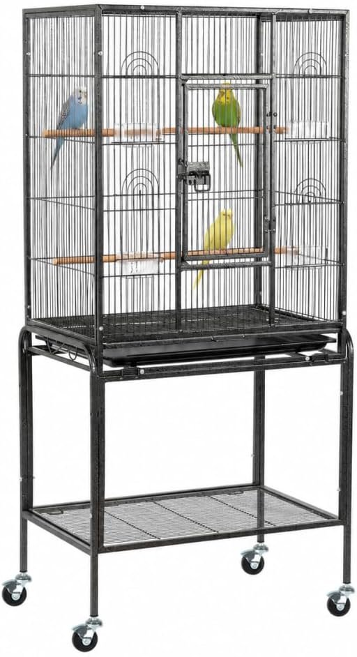 VINGLI 53-inch Bird Cage with Wheels, Durable Wrought Iron Parakeet Cage with Slide Out Tray, Black Bird Cages for Parakeets/Lovebird/Cockatiels/Budgies and Other Small/Medium Birds (Black, 53 inch)