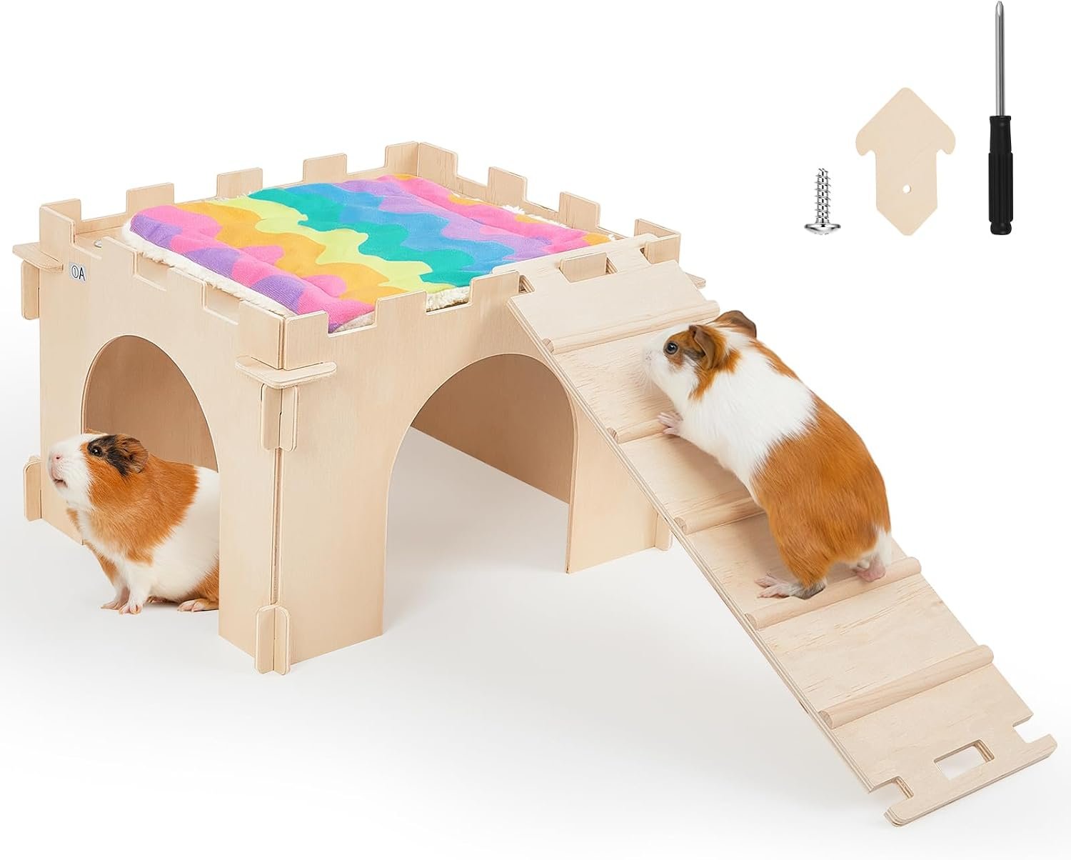 Unicorn Catcher 1 Pack Wooden Guinea Pig Hideout House with Stairs & Mats