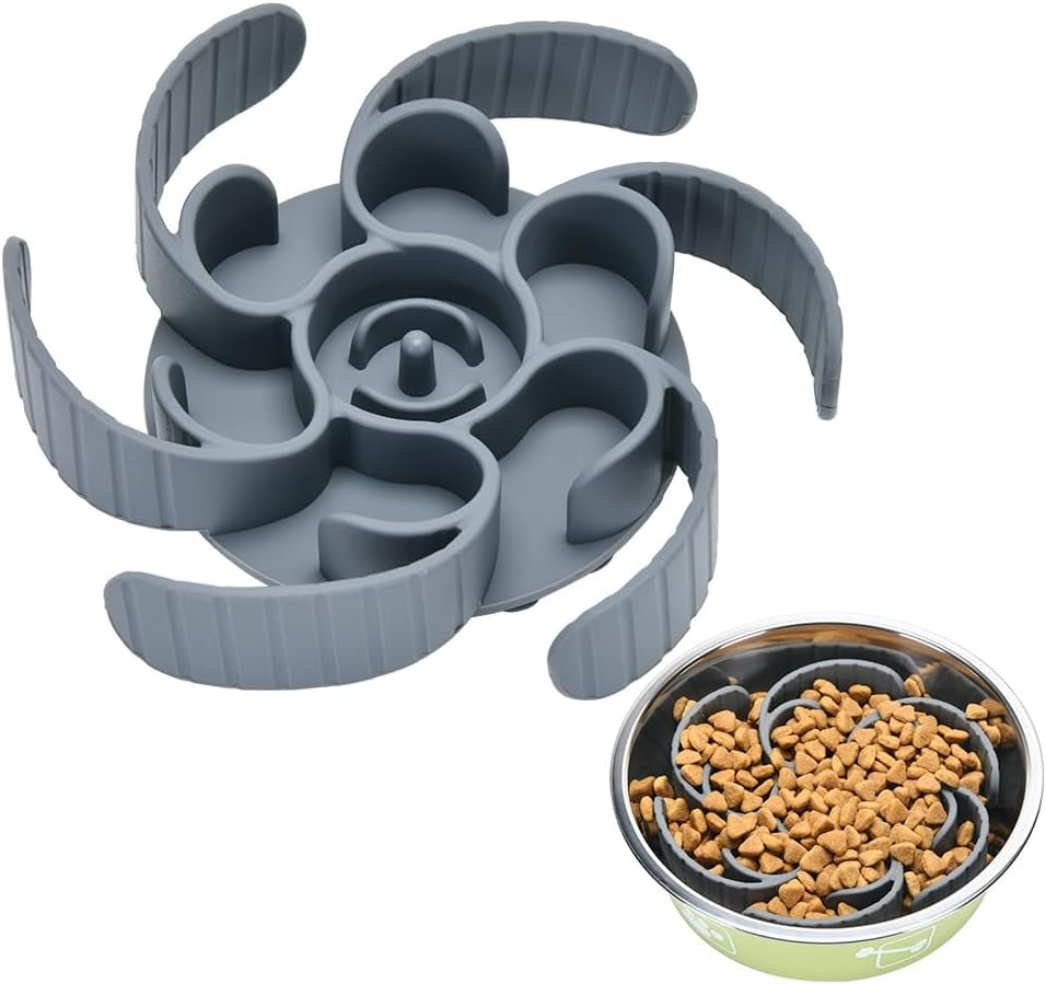 Slow Feeder Dog Bowls Insert,Third Generation upgradedSuper Firm Eating Bowl（Cuttable） for Large Breed and Medium Small Size Compatible with Regular Elevated Metal Glass Dog Bowl (Gray)