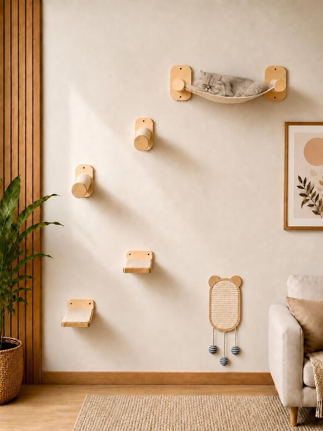Cat Wall Shelves 6-in-1 Wall Mounted Cat Furniture with Perch & Hammock, Wooden Climbing Shelves with Scratching Post Pad, Space-Saving Climbing Tower for Indoor Cats