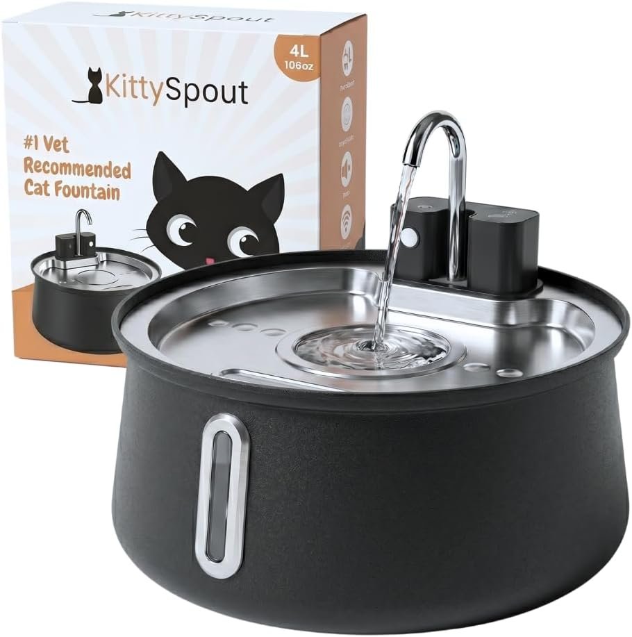 KittySpout 4L Stainless Steel Cat Water Fountain, Cordless Automatic Pet Drinking Dispenser, Quiet Circulating Water Bowl for Cats and Small Dogs, Dishwasher Safe, Indoor Use
