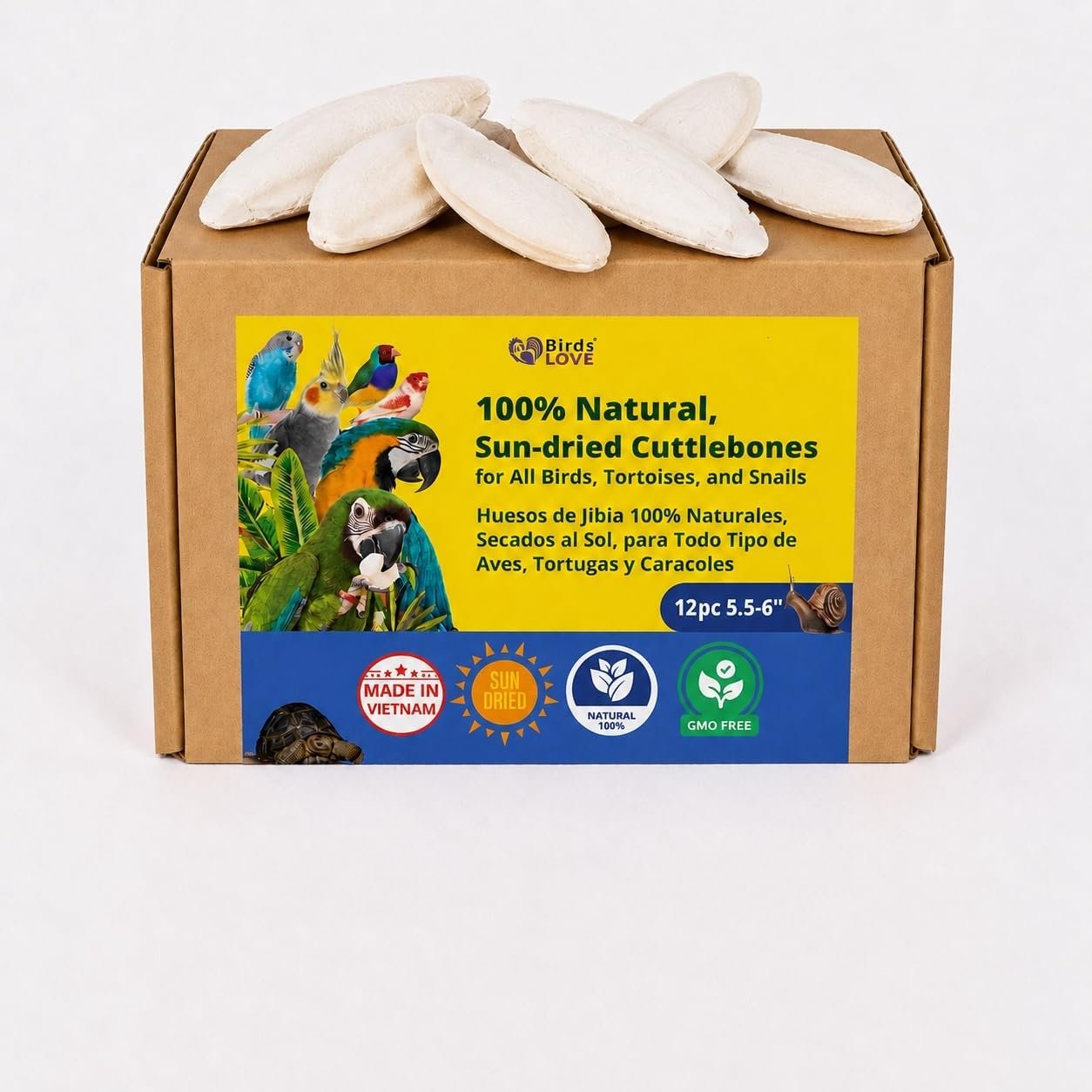 Birds LOVE 5.5 – 6″ Cuttlebones for Birds – 100% Natural Sun-Dried Calcium & Beak Conditioning Supplement for Parakeets, Budgies, Cockatiels, Finches & Canaries – 12 Pack with Holder – Made in Vietnam