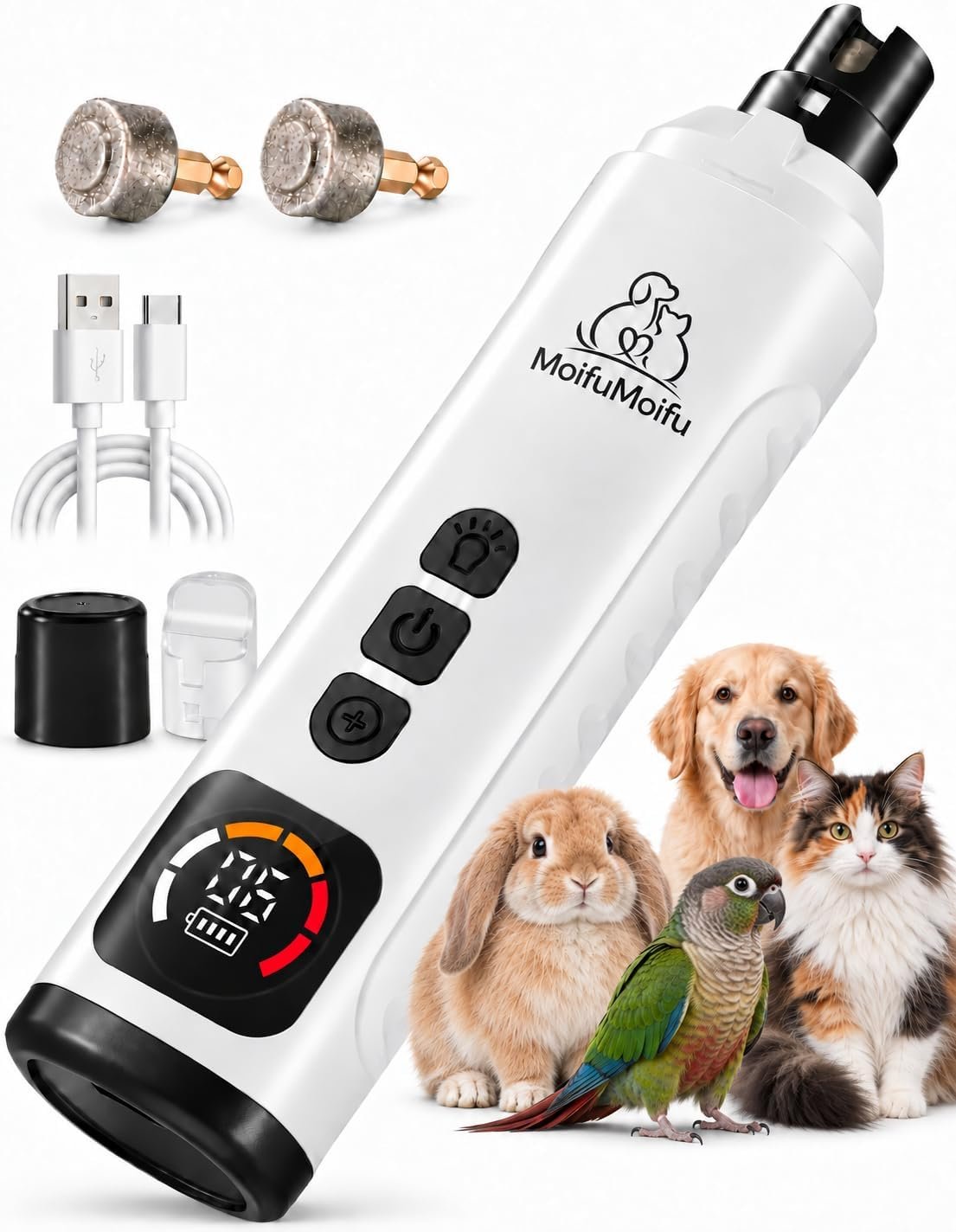Dog Nail Grinder, Quiet 6-Speed Electric Pet Nail Trimmer with Upgraded Motor, 2 LED Lights, LCD Display, Type-C Charging, 1200mAh Battery, 3 Diamond Grinding Wheels for Dogs and Cats