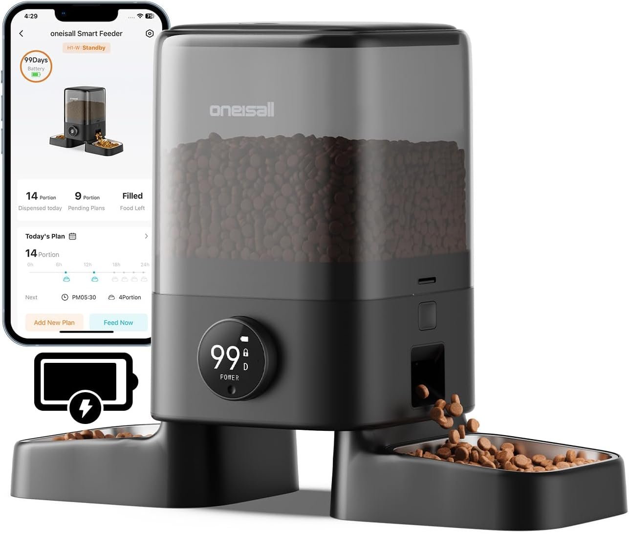 oneisall 2.4G Cordless Automatic Cat Feeder, Rechargeable, 20 Cups/5L